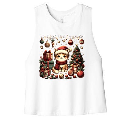 Cute Santa Cat With Christmas Stuff Women's Racerback Cropped Tank