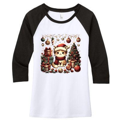 Cute Santa Cat With Christmas Stuff Women's Tri-Blend 3/4-Sleeve Raglan Shirt