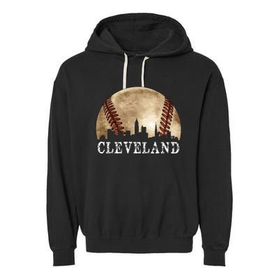 Cleveland Skyline City Vintage Baseball Lover Garment-Dyed Fleece Hoodie