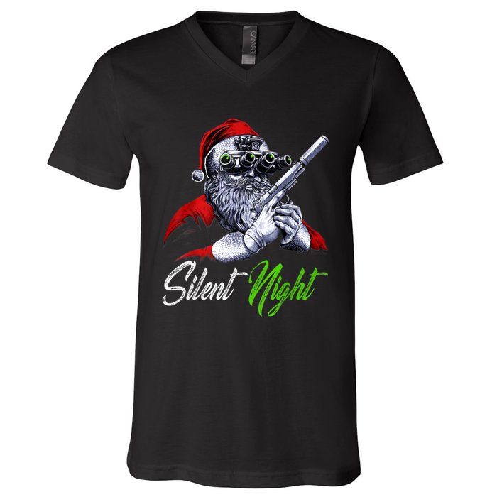 Christmas Santa Claus Guns Silent Night Santa V-Neck T-Shirt