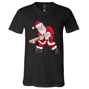 Christmas Santa Claus With Baseball Bat Baseball V-Neck T-Shirt