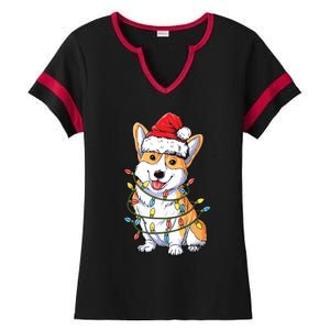 Corgi Santa Christmas Tree Lights Xmas Ladies Halftime Notch Neck Tee