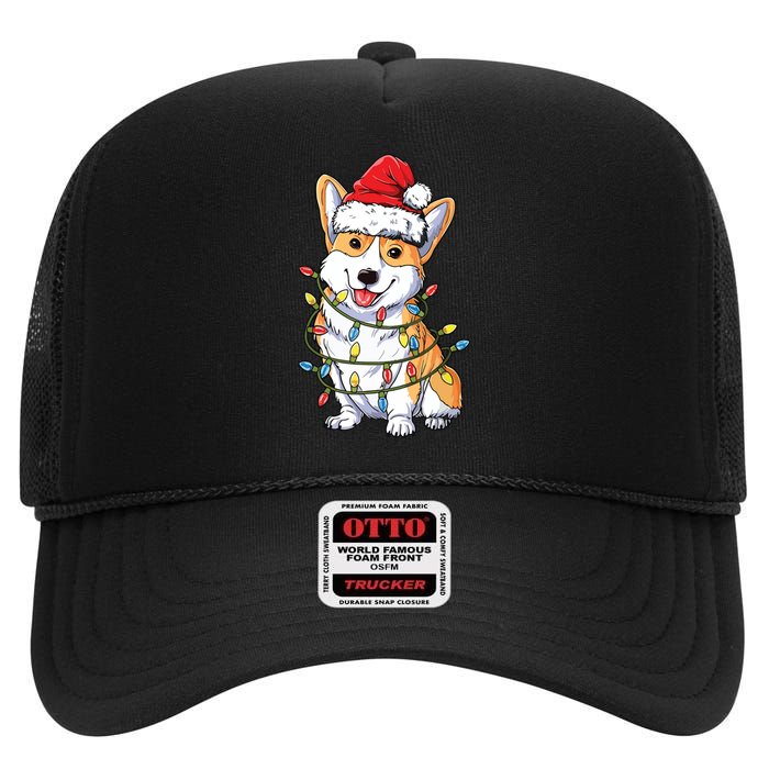 Corgi Santa Christmas Tree Lights Xmas High Crown Mesh Back Trucker Hat