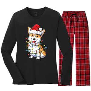 Corgi Santa Christmas Tree Lights Xmas Women's Long Sleeve Flannel Pajama Set 