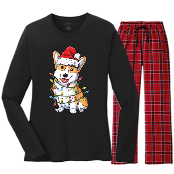 Corgi Santa Christmas Tree Lights Xmas Women's Long Sleeve Flannel Pajama Set 