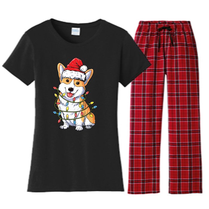 Corgi Santa Christmas Tree Lights Xmas Women's Flannel Pajama Set