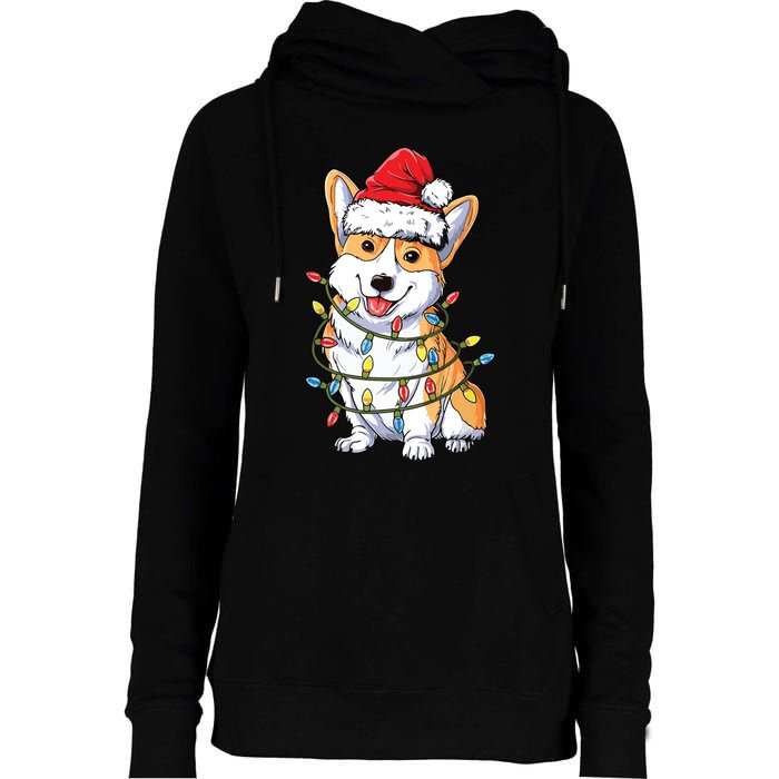 Corgi Santa Christmas Tree Lights Xmas Womens Funnel Neck Pullover Hood