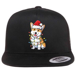 Corgi Santa Christmas Tree Lights Xmas Flat Bill Trucker Hat