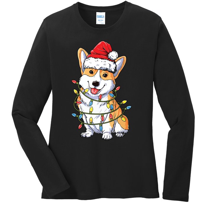 Corgi Santa Christmas Tree Lights Xmas Ladies Long Sleeve Shirt