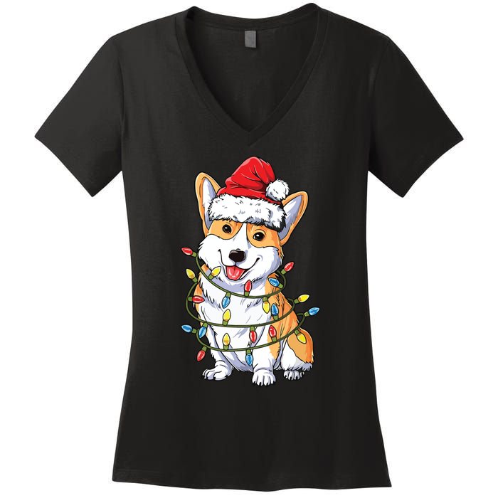 Corgi Santa Christmas Tree Lights Xmas Women's V-Neck T-Shirt