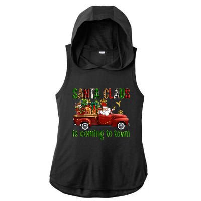 Christmas Santa Claus Is Coming To Town Xmas Red Truck Pjs Ladies PosiCharge Tri-Blend Wicking Draft Hoodie Tank