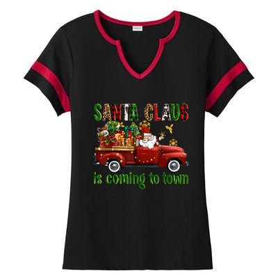 Christmas Santa Claus Is Coming To Town Xmas Red Truck Pjs Ladies Halftime Notch Neck Tee