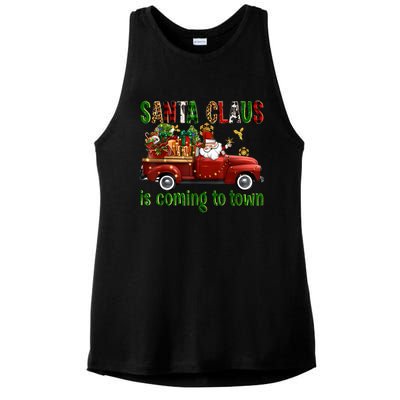 Christmas Santa Claus Is Coming To Town Xmas Red Truck Pjs Ladies PosiCharge Tri-Blend Wicking Tank