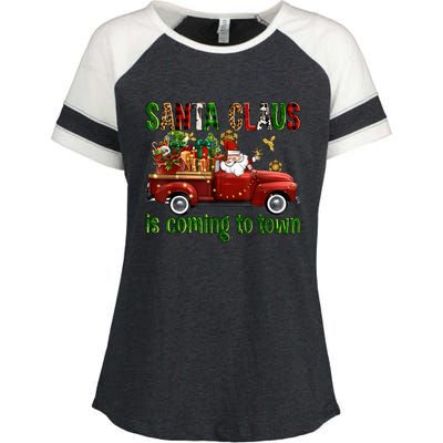 Christmas Santa Claus Is Coming To Town Xmas Red Truck Pjs Enza Ladies Jersey Colorblock Tee