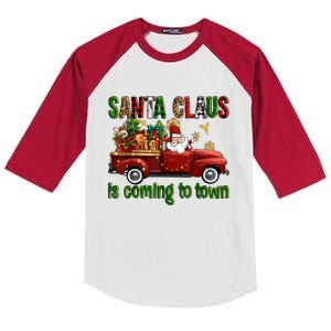 Christmas Santa Claus Is Coming To Town Xmas Red Truck Pjs Kids Colorblock Raglan Jersey