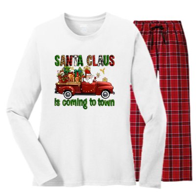 Christmas Santa Claus Is Coming To Town Xmas Red Truck Pjs Women's Long Sleeve Flannel Pajama Set 