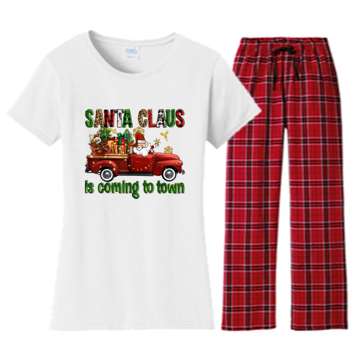 Christmas Santa Claus Is Coming To Town Xmas Red Truck Pjs Women's Flannel Pajama Set