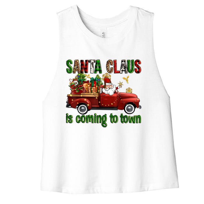 Christmas Santa Claus Is Coming To Town Xmas Red Truck Pjs Women's Racerback Cropped Tank