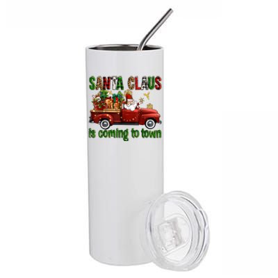 Christmas Santa Claus Is Coming To Town Xmas Red Truck Pjs Stainless Steel Tumbler