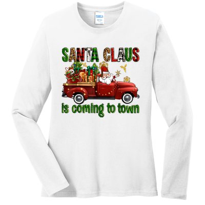 Christmas Santa Claus Is Coming To Town Xmas Red Truck Pjs Ladies Long Sleeve Shirt