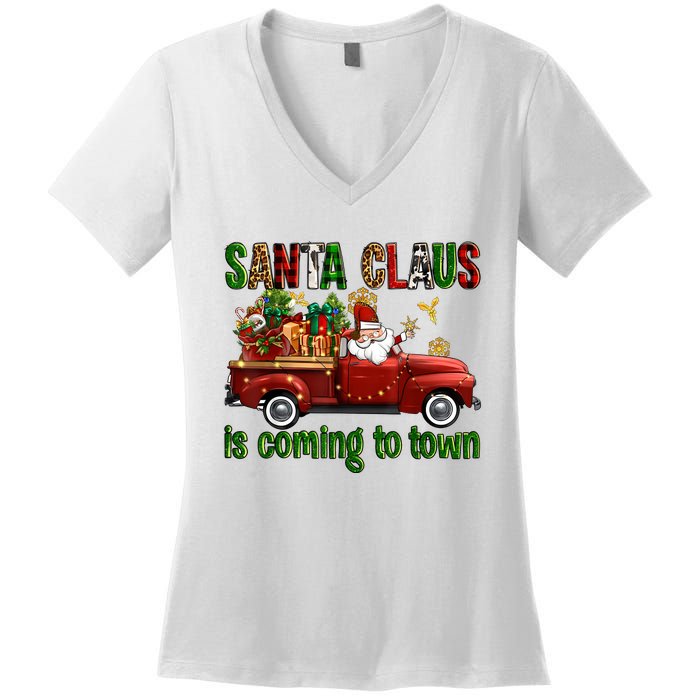 Christmas Santa Claus Is Coming To Town Xmas Red Truck Pjs Women's V-Neck T-Shirt