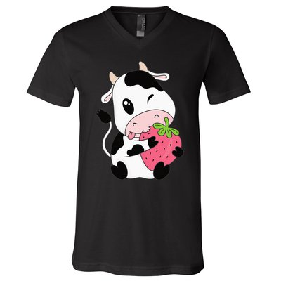 Cute Strawberry Cow Print Kawaii Aesthetic Animal V-Neck T-Shirt