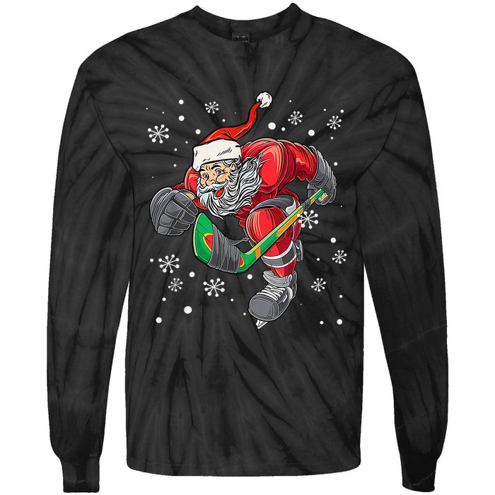 Christmas Santa Claus Player Ice Hockey Funny Tie-Dye Long Sleeve Shirt