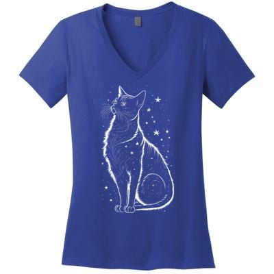 Cat Silhouette Cosmic Galaxy Cat Mom Cat Dad Cat Lover Cool Gift Women's V-Neck T-Shirt