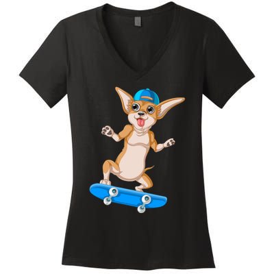 Chihuahua Skateboarding Women's V-Neck T-Shirt
