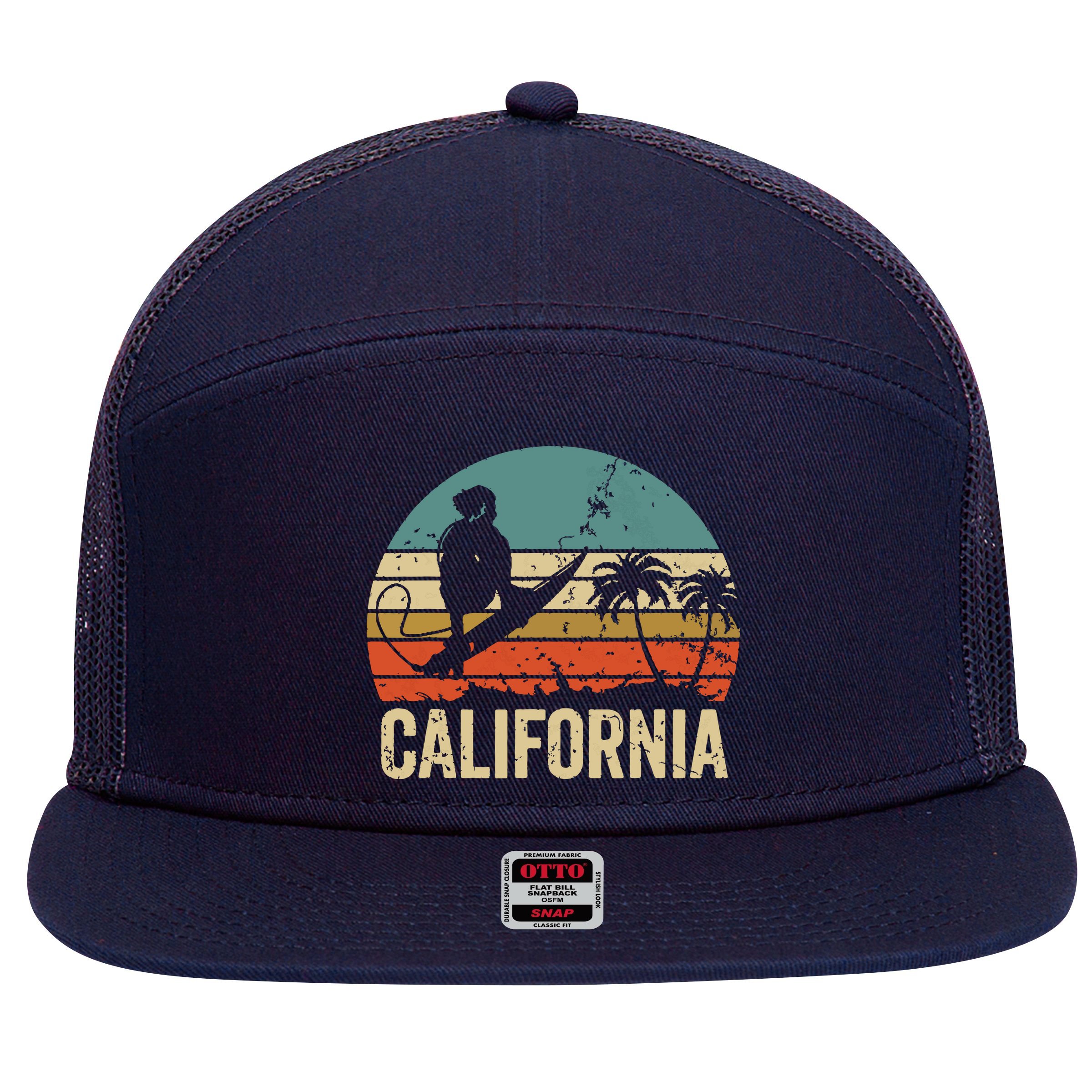 California Surf CA Vintage Retro Men Women Kids Surfer Sunset 7 Panel Mesh Trucker Snapback Hat