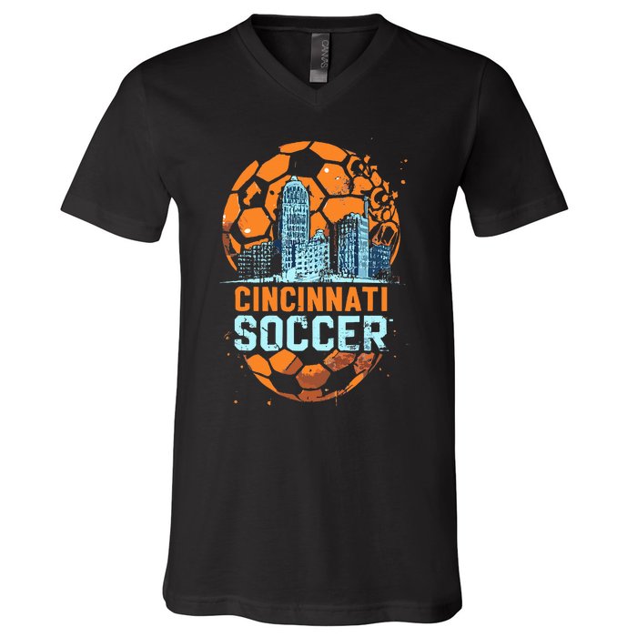 Cincinnati Soccer City Skyline Cool Cincy 513 V-Neck T-Shirt