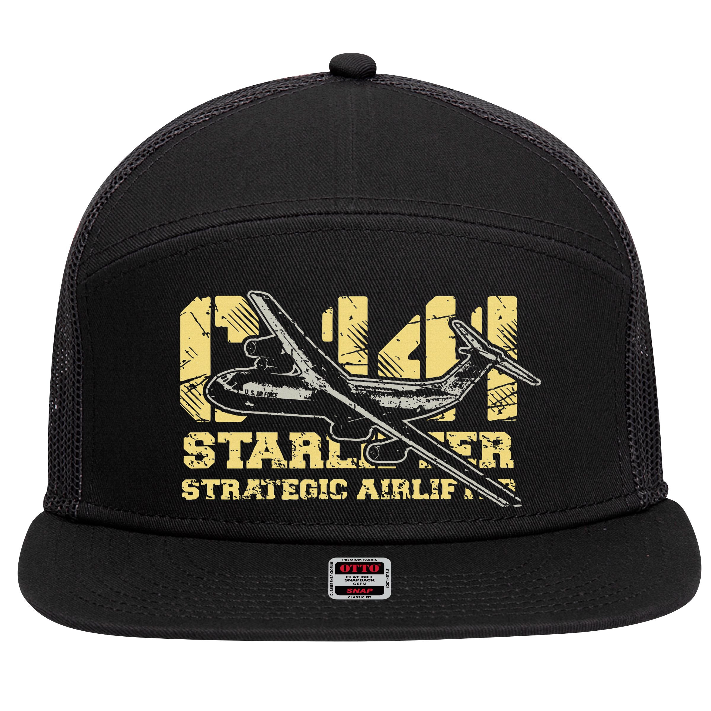 C141 Starlifter C141 Strategic Airlifter Military Aircraft 7 Panel Mesh Trucker Snapback Hat