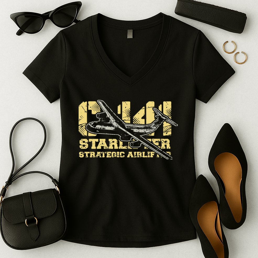 C141 Starlifter C141 Strategic Airlifter Military Aircraft Women's V-Neck T-Shirt
