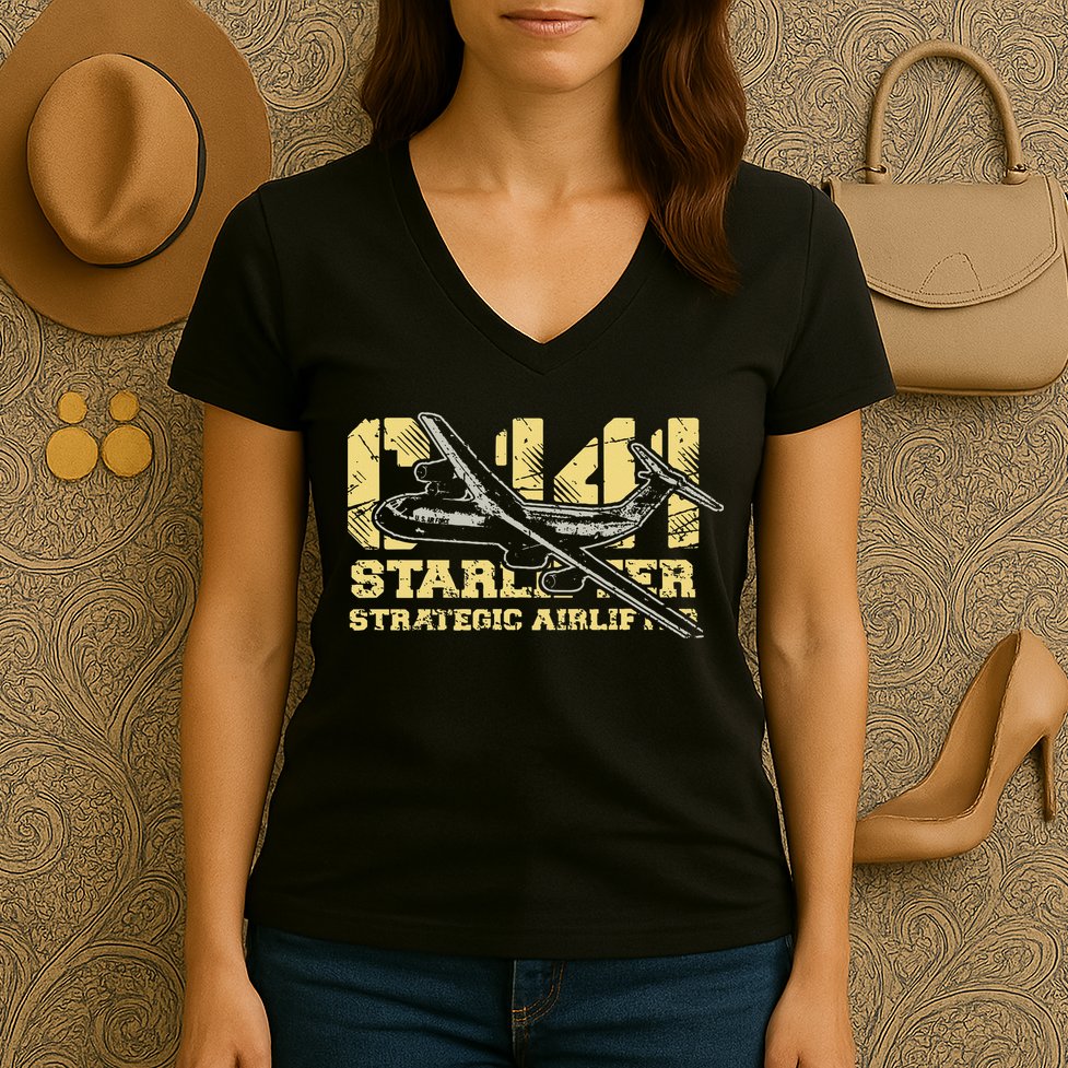 C141 Starlifter C141 Strategic Airlifter Military Aircraft Women's V-Neck T-Shirt