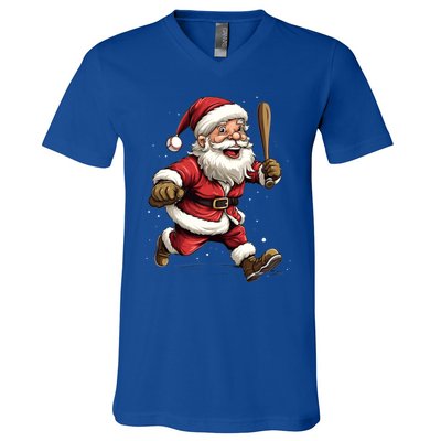 Christmas Santa Claus Playing Baseball Batter Xmas Gift V-Neck T-Shirt