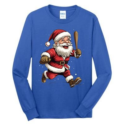 Christmas Santa Claus Playing Baseball Batter Xmas Gift Tall Long Sleeve T-Shirt