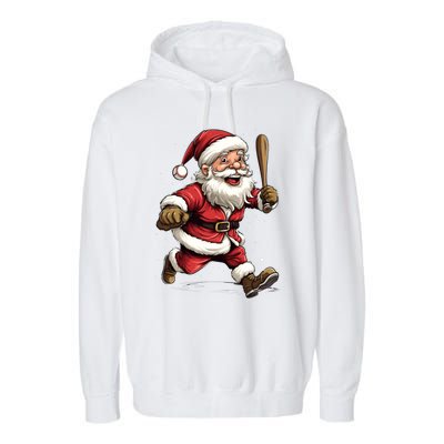 Christmas Santa Claus Playing Baseball Batter Xmas Gift Garment-Dyed Fleece Hoodie