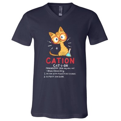 Cation Science Cat Funny Chemistry Chemist Science Teacher V-Neck T-Shirt