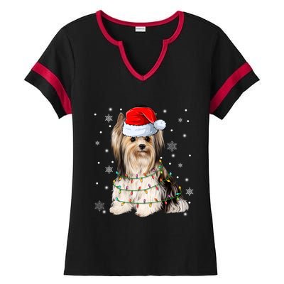 Cute Santa Claus Yorkie Dog Xmas Tree Lights Christmas Pjs Cute Gift Ladies Halftime Notch Neck Tee