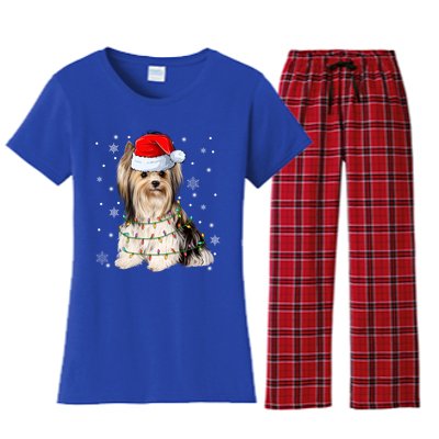 Cute Santa Claus Yorkie Dog Xmas Tree Lights Christmas Pjs Cute Gift Women's Flannel Pajama Set