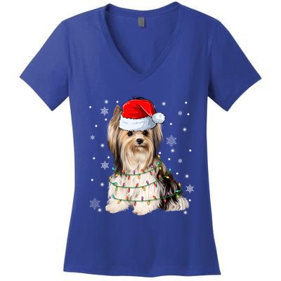 Cute Santa Claus Yorkie Dog Xmas Tree Lights Christmas Pjs Cute Gift Women's V-Neck T-Shirt