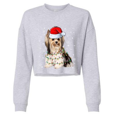 Cute Santa Claus Yorkie Dog Xmas Tree Lights Christmas Pjs Cute Gift Cropped Pullover Crew