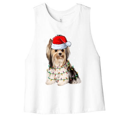 Cute Santa Claus Yorkie Dog Xmas Tree Lights Christmas Pjs Cute Gift Women's Racerback Cropped Tank