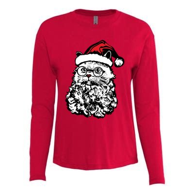 Cat Santa Claus Hat Christmas Womens Cotton Relaxed Long Sleeve T-Shirt