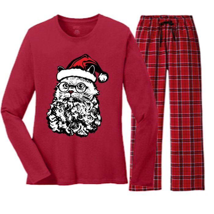 Cat Santa Claus Hat Christmas Women's Long Sleeve Flannel Pajama Set 