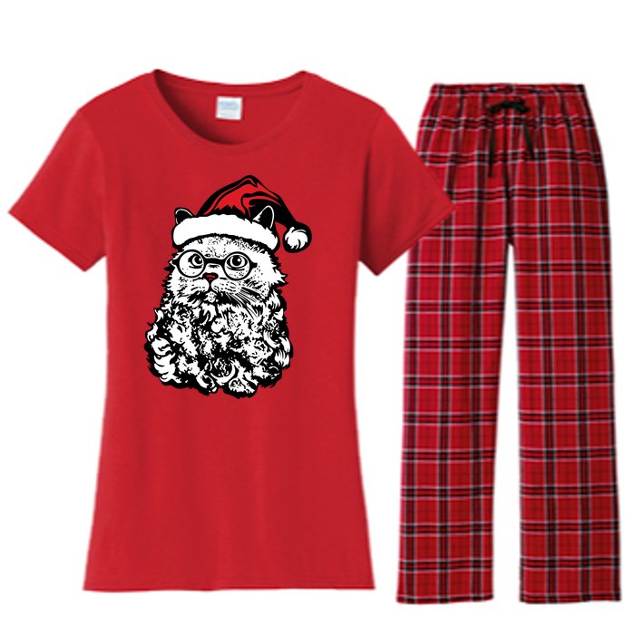 Cat Santa Claus Hat Christmas Women's Flannel Pajama Set