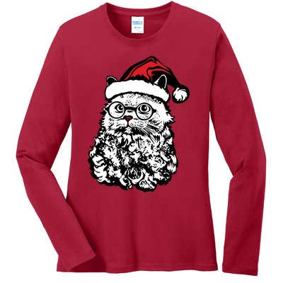 Cat Santa Claus Hat Christmas Ladies Long Sleeve Shirt