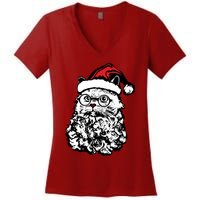 Cat Santa Claus Hat Christmas Women's V-Neck T-Shirt