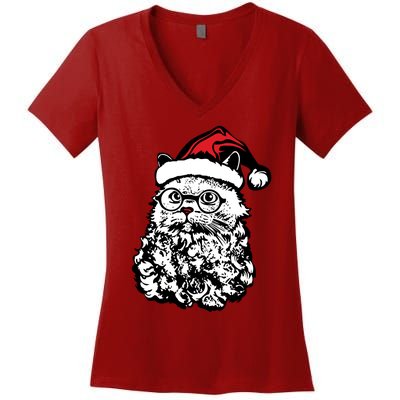 Cat Santa Claus Hat Christmas Women's V-Neck T-Shirt