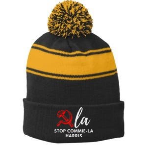 Commiela Stop Commiela Harris Stop Kamala Trump 2024 Stripe Pom Pom Beanie